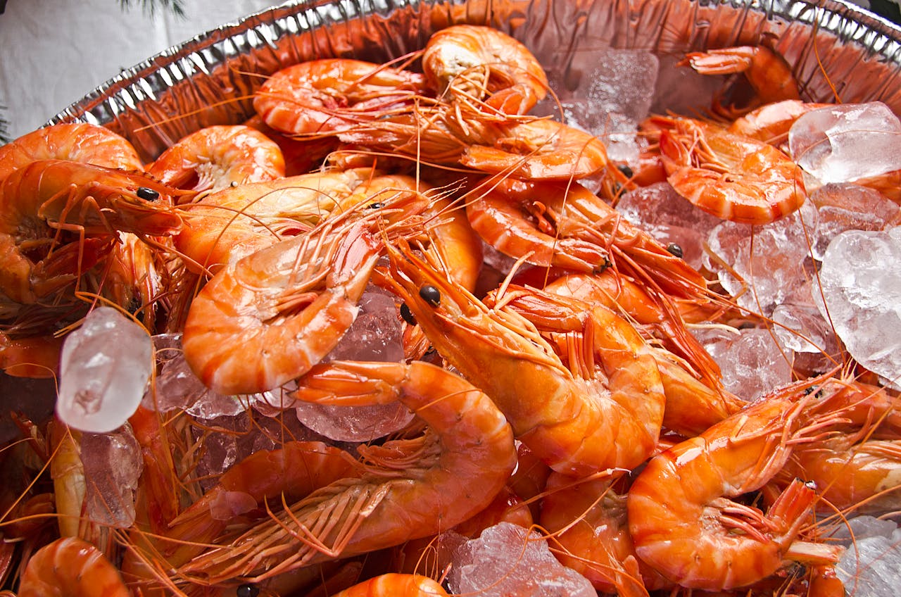 A vibrant display of fresh orange shrimps on a bed of crushed ice, perfect for a seafood feast.